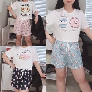 3 Sets Women short sleeve intimate cartoon sexy cotton silk sleepwear pajama